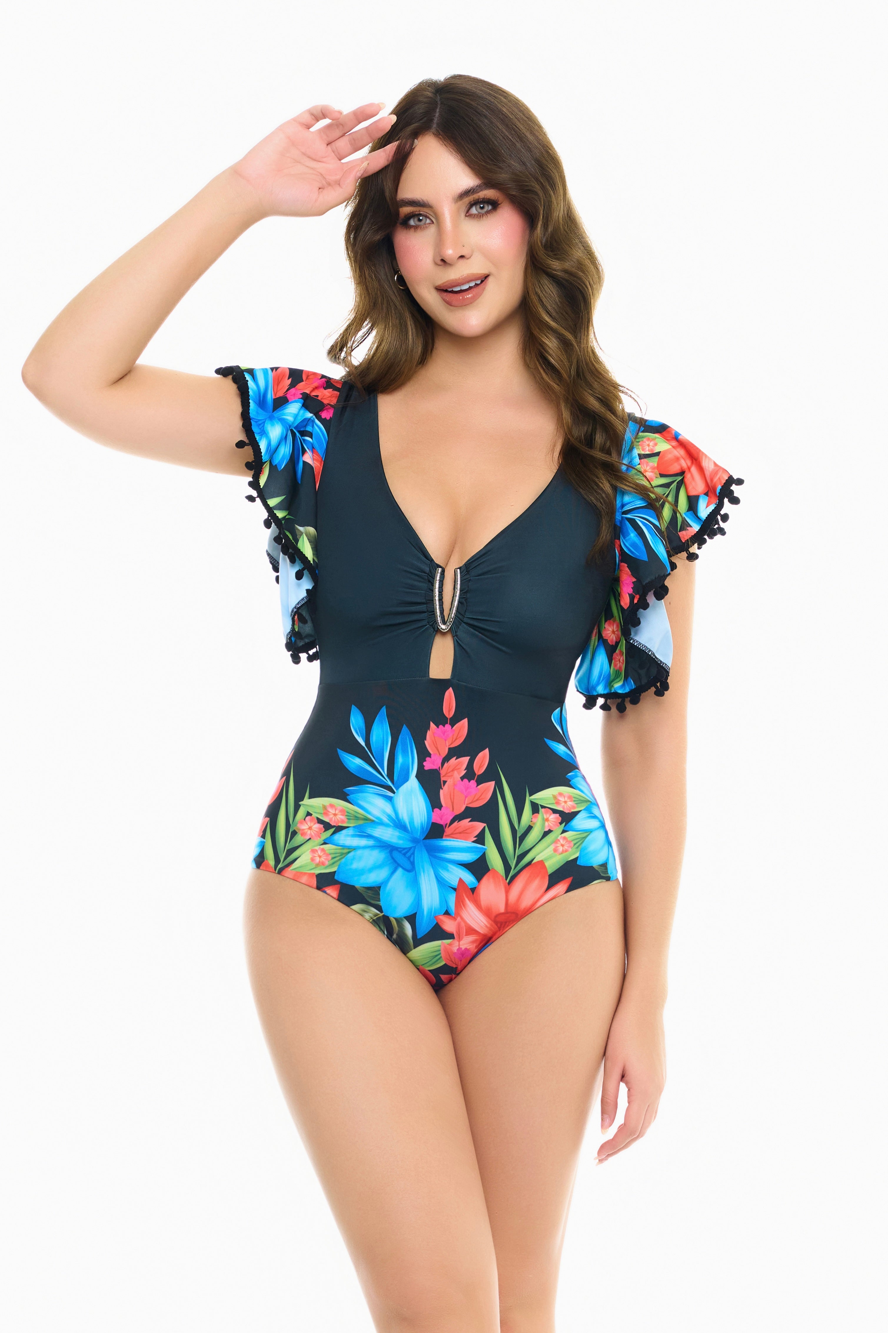 Vestido de baño enterizo pompones herraje negro azul