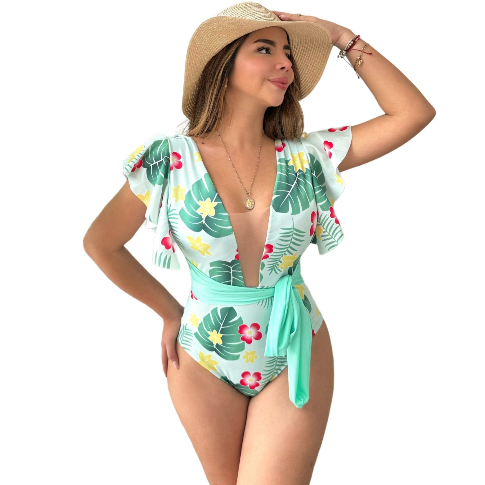 Traje de baño enterizo print verde menta cinturon