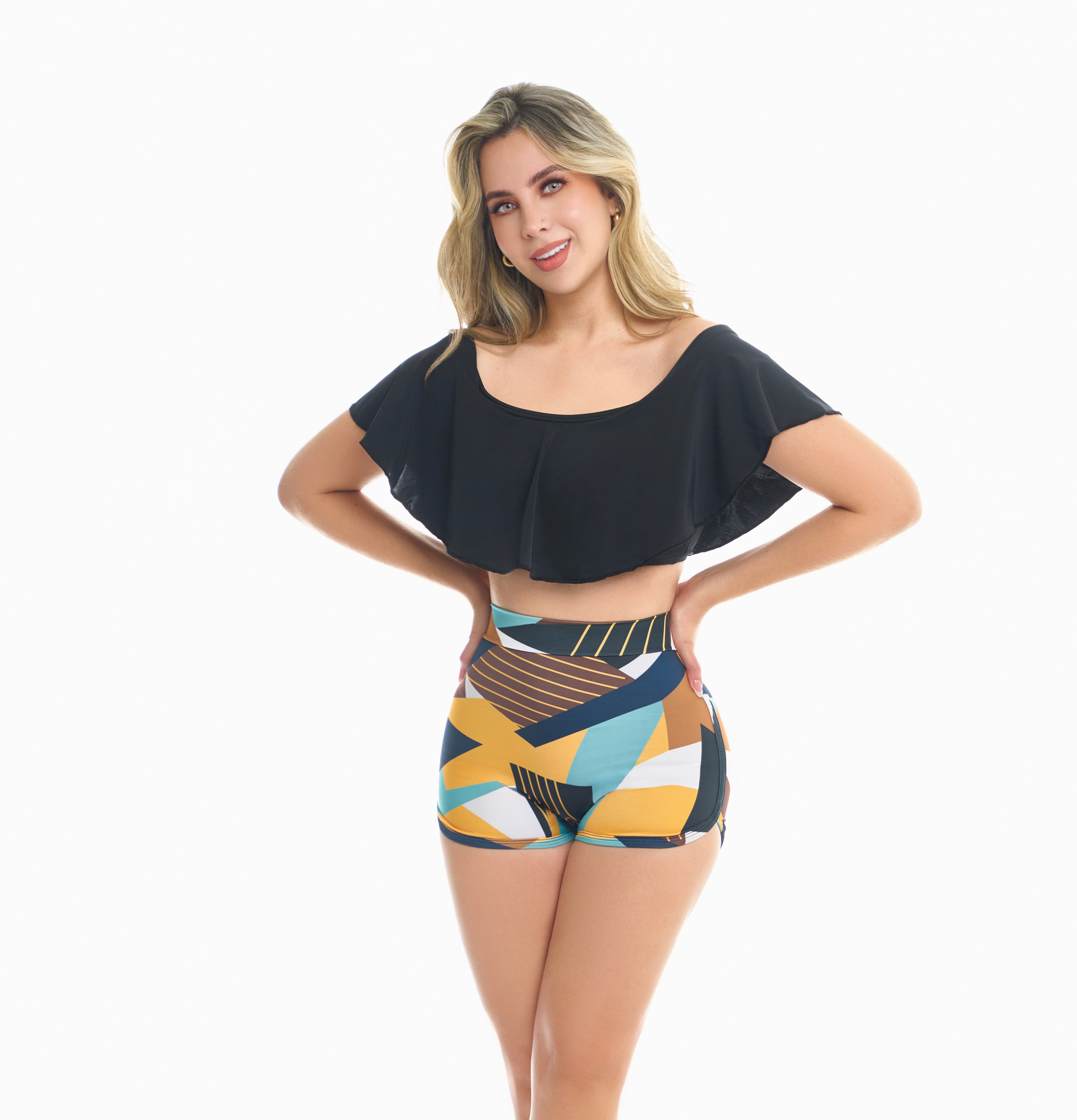 Traje de baño Dos piezas Campesino short top negro panty rombos