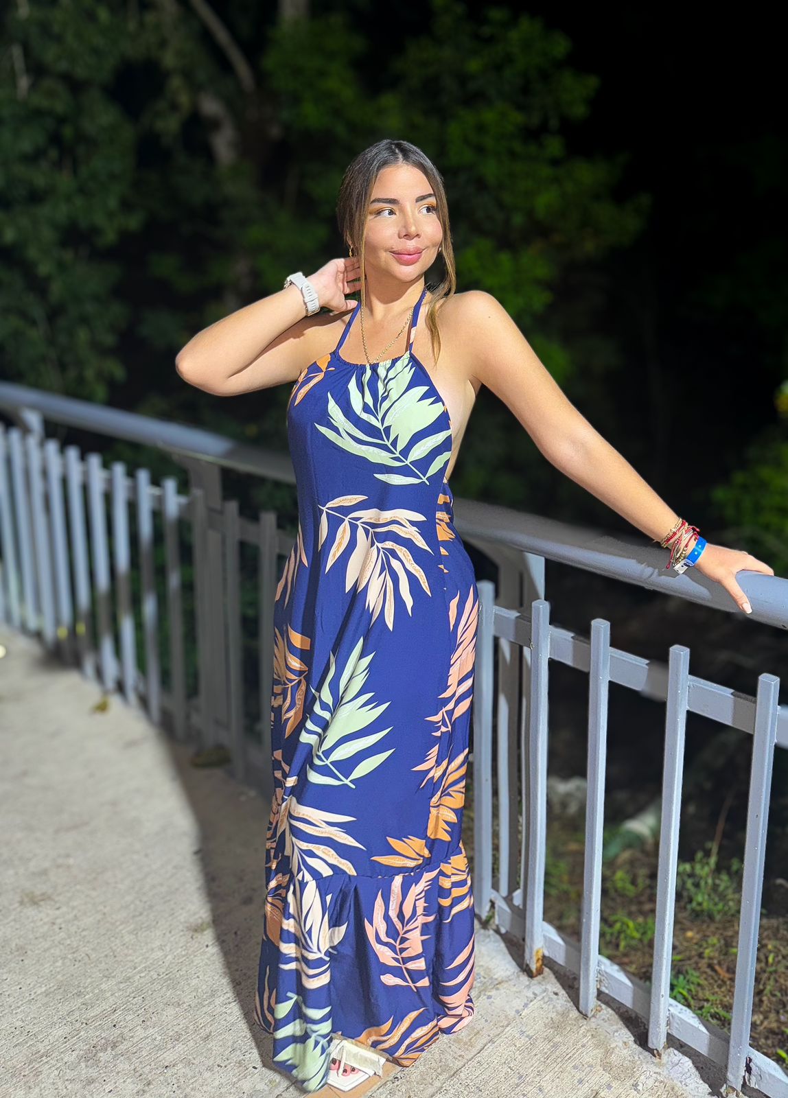 Vestido largo estampado azul playero