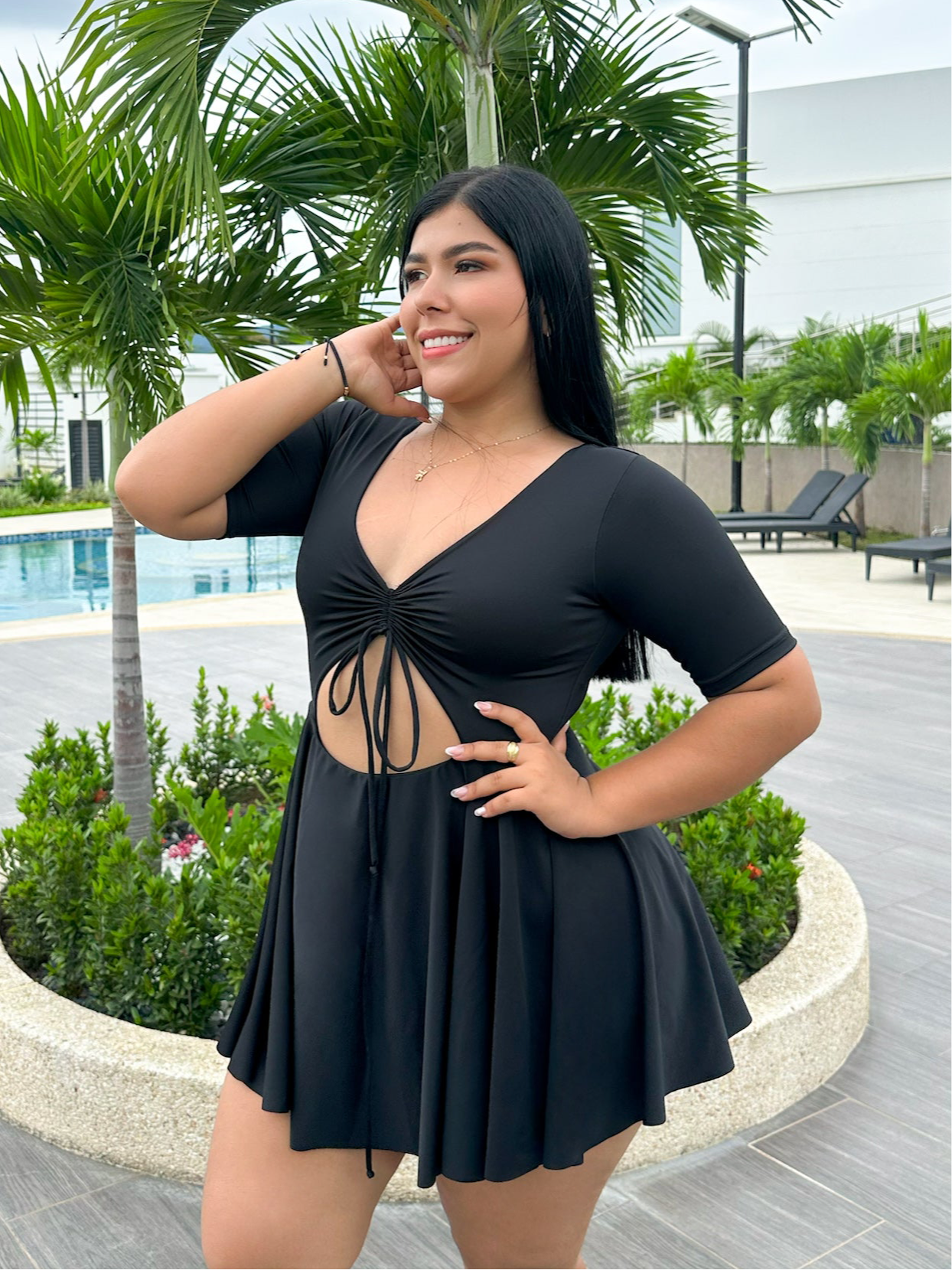 Traje de baño enterizo tipo vestido color negro tallas plus Control Abdomen