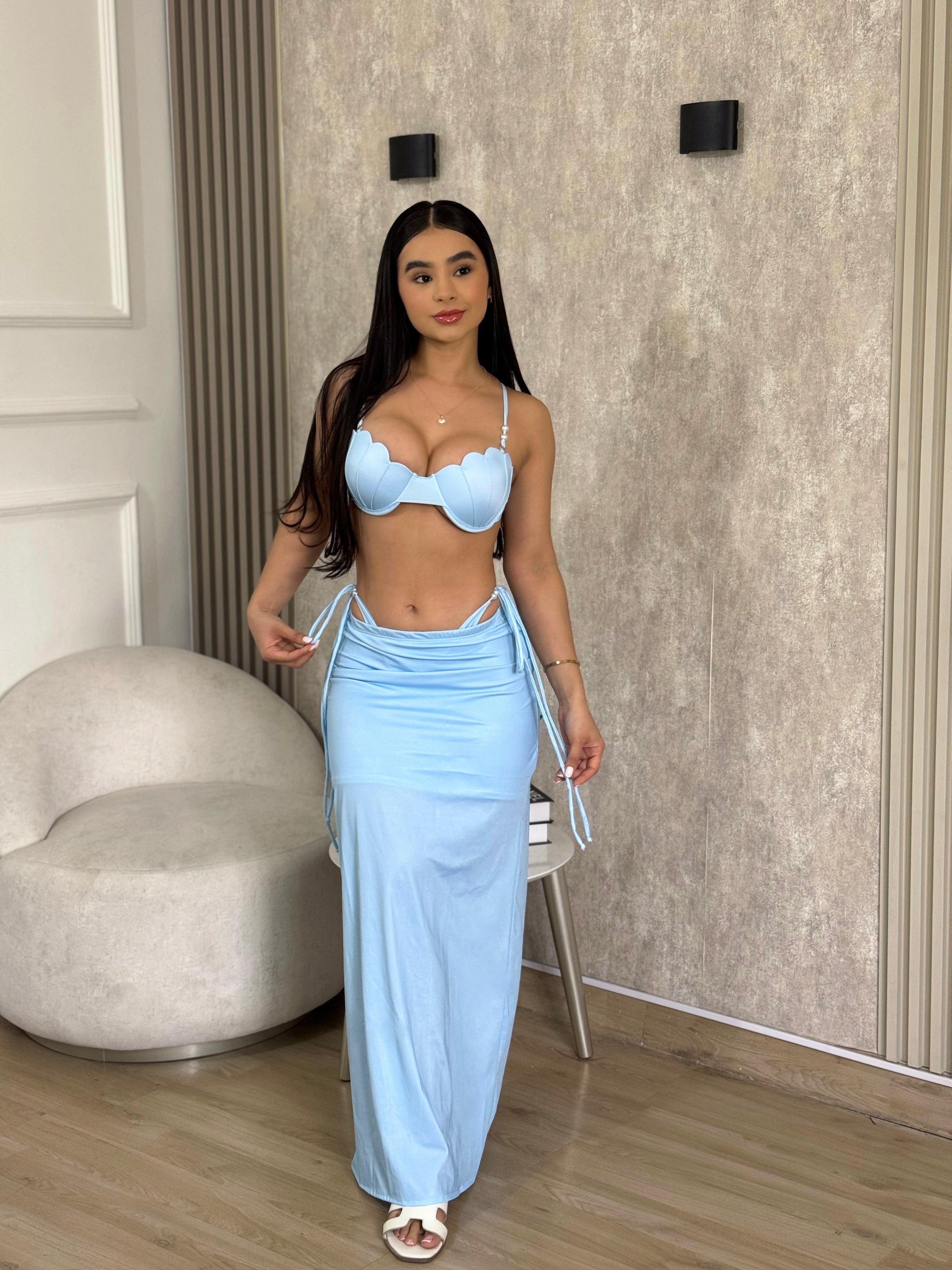 Set Playero de 3 piezas Sirena. Falda larga, top, panty alta azul pastel