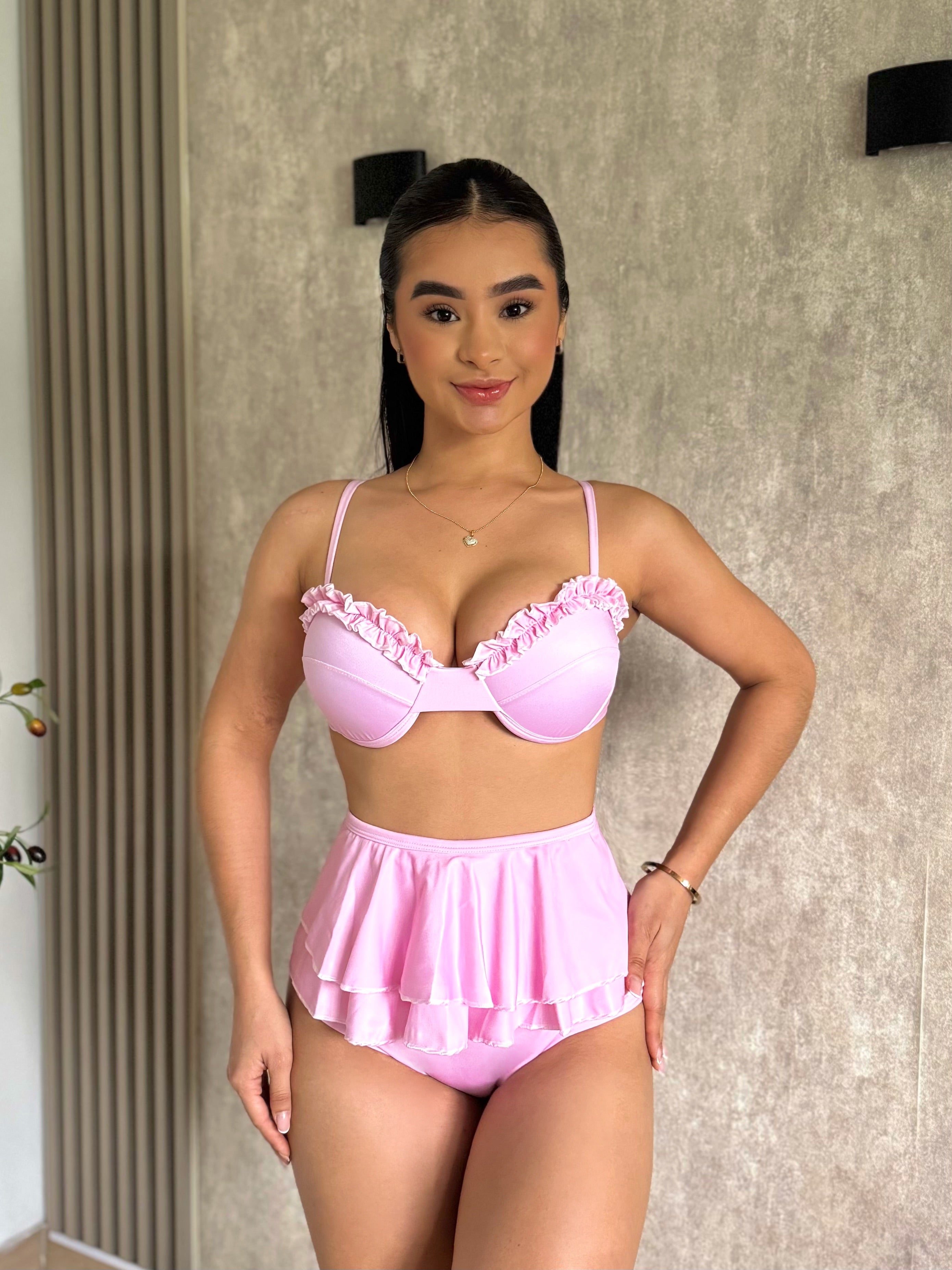 Traje de baño dos piezas falda rosa pastel