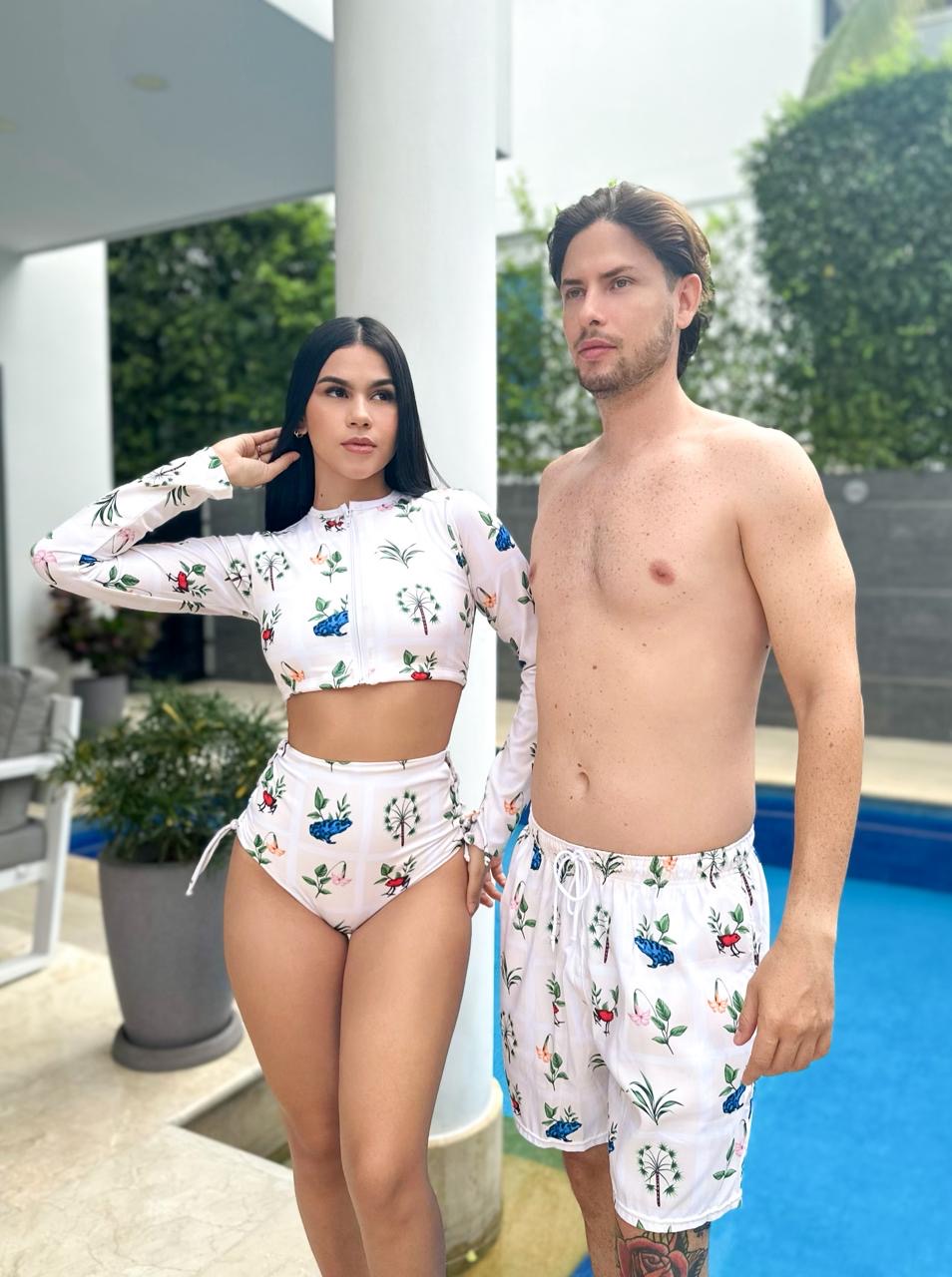 Combo de Pareja buzo dos piezas panty alta con pantaloneta estampado blanco natural