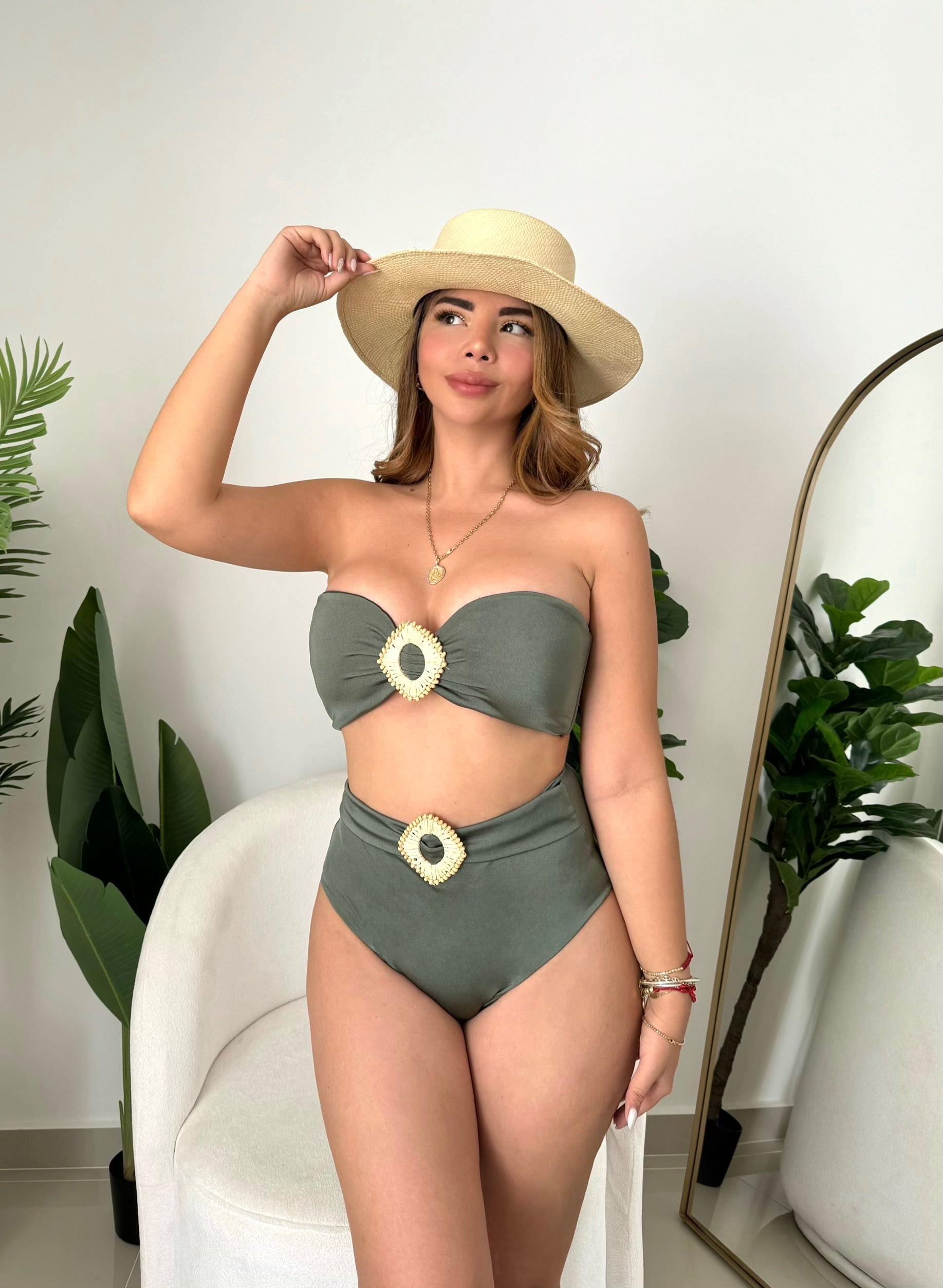 Traje de baño dos piezas panty alta verde pastel