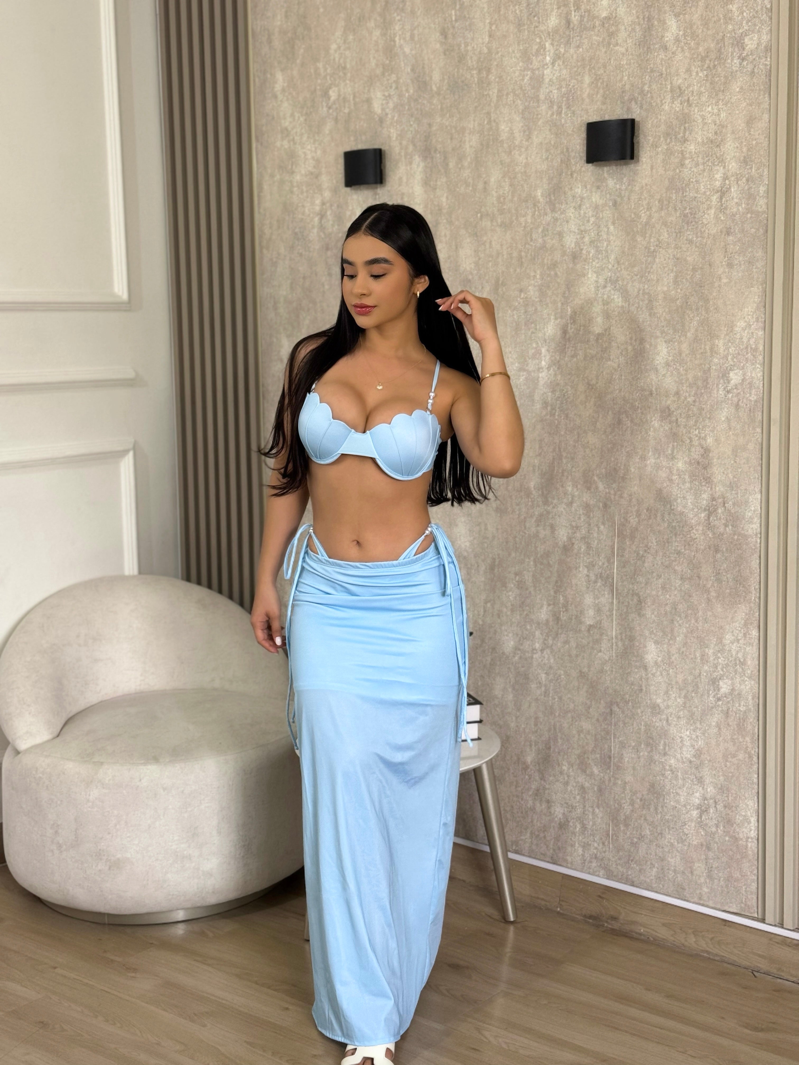 Set Playero de 3 piezas Sirena. Falda larga, top, panty alta azul pastel