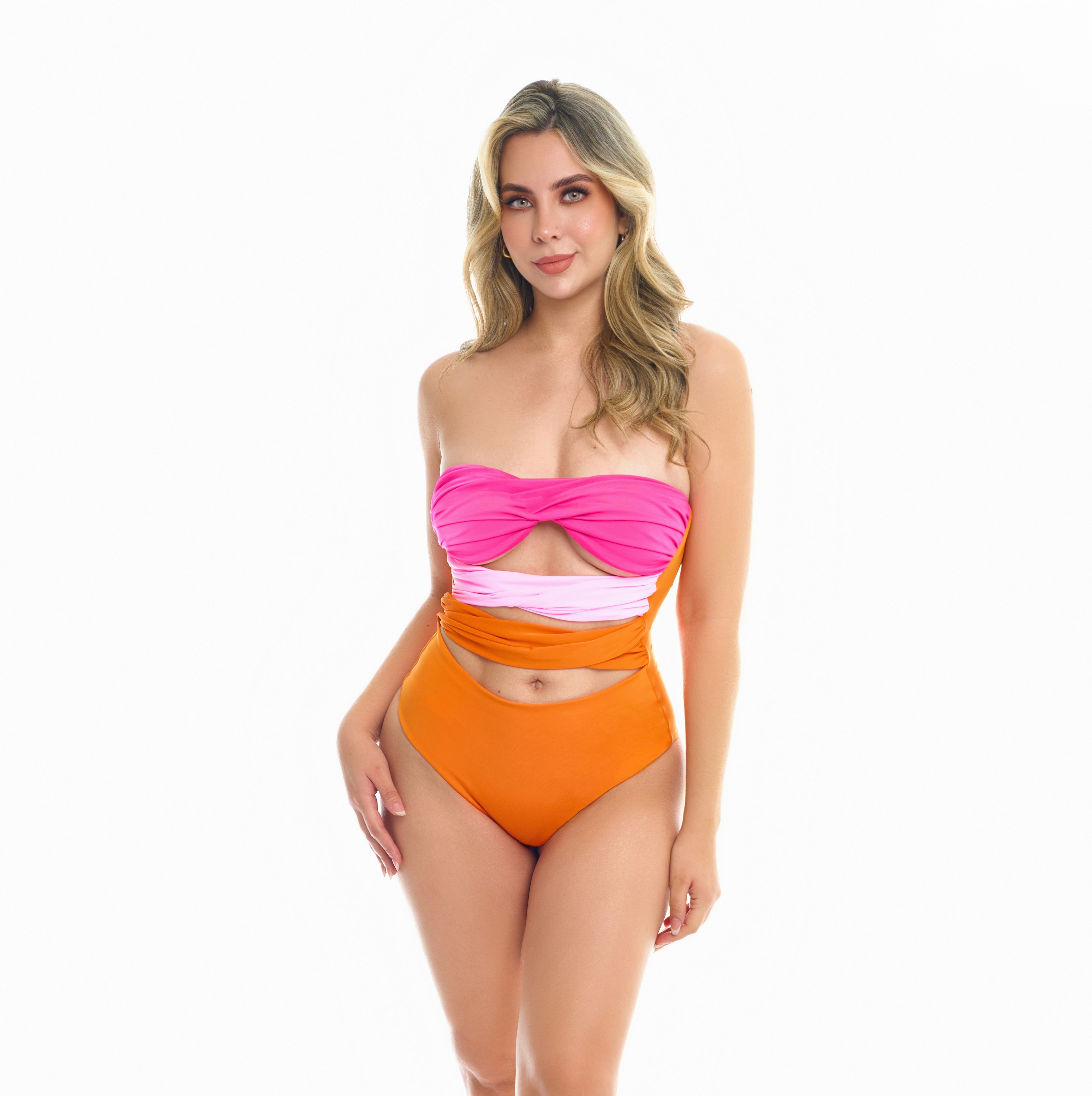 Vestido de baño enterizo strapless multicolor naranja rosa fucsia