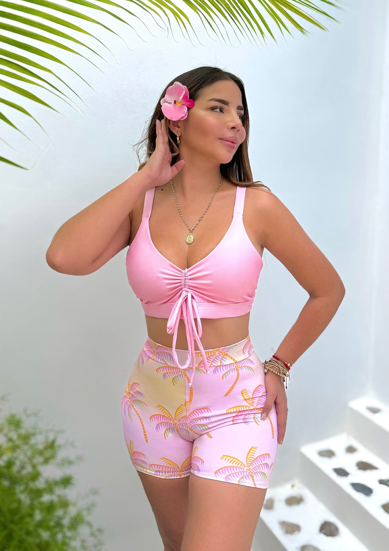 Traje de baño dos piezas tipo short rosa pastel