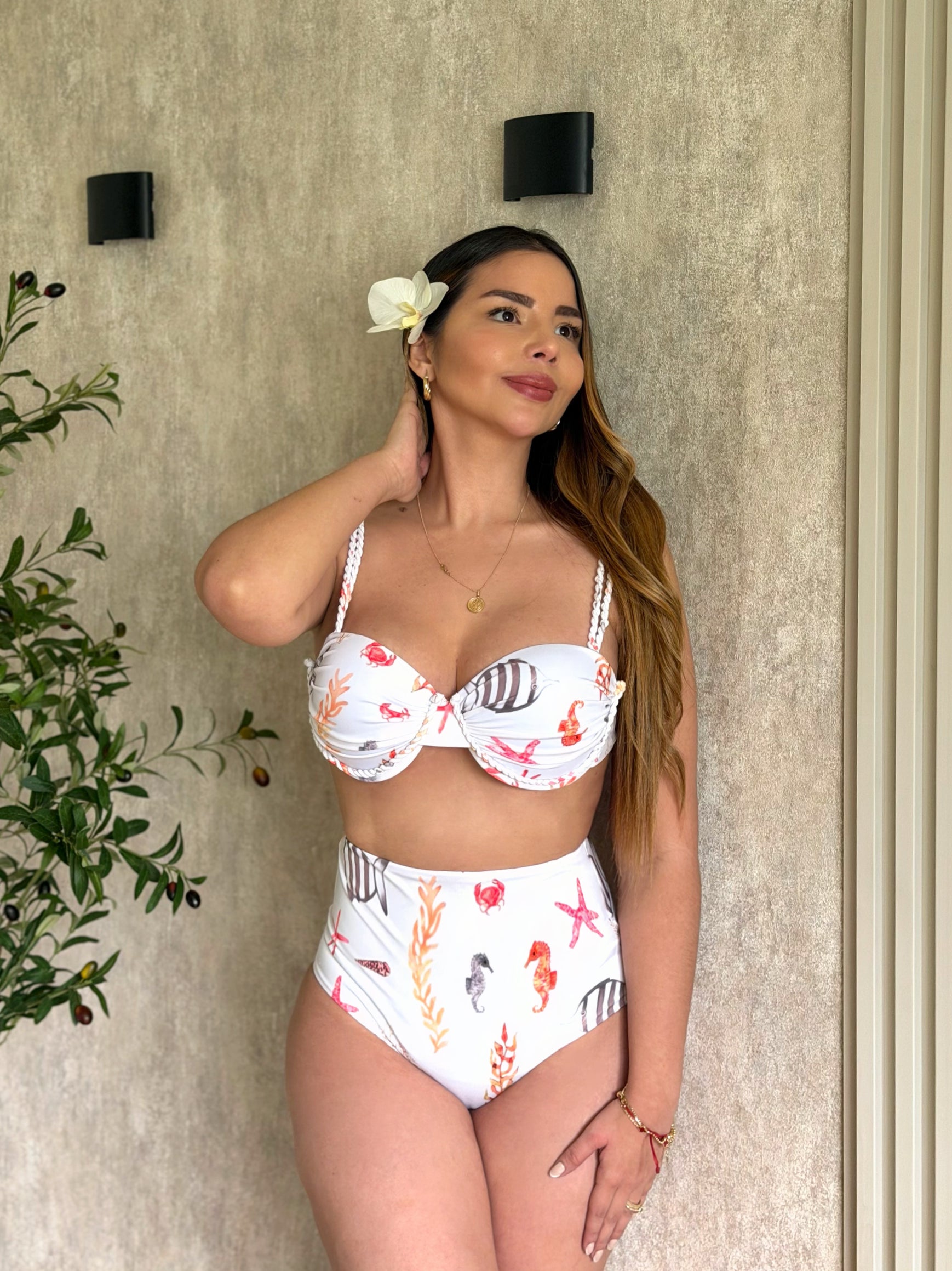 Traje de Baño Dos Piezas Panty Alta Marrón Satinado Prehormado