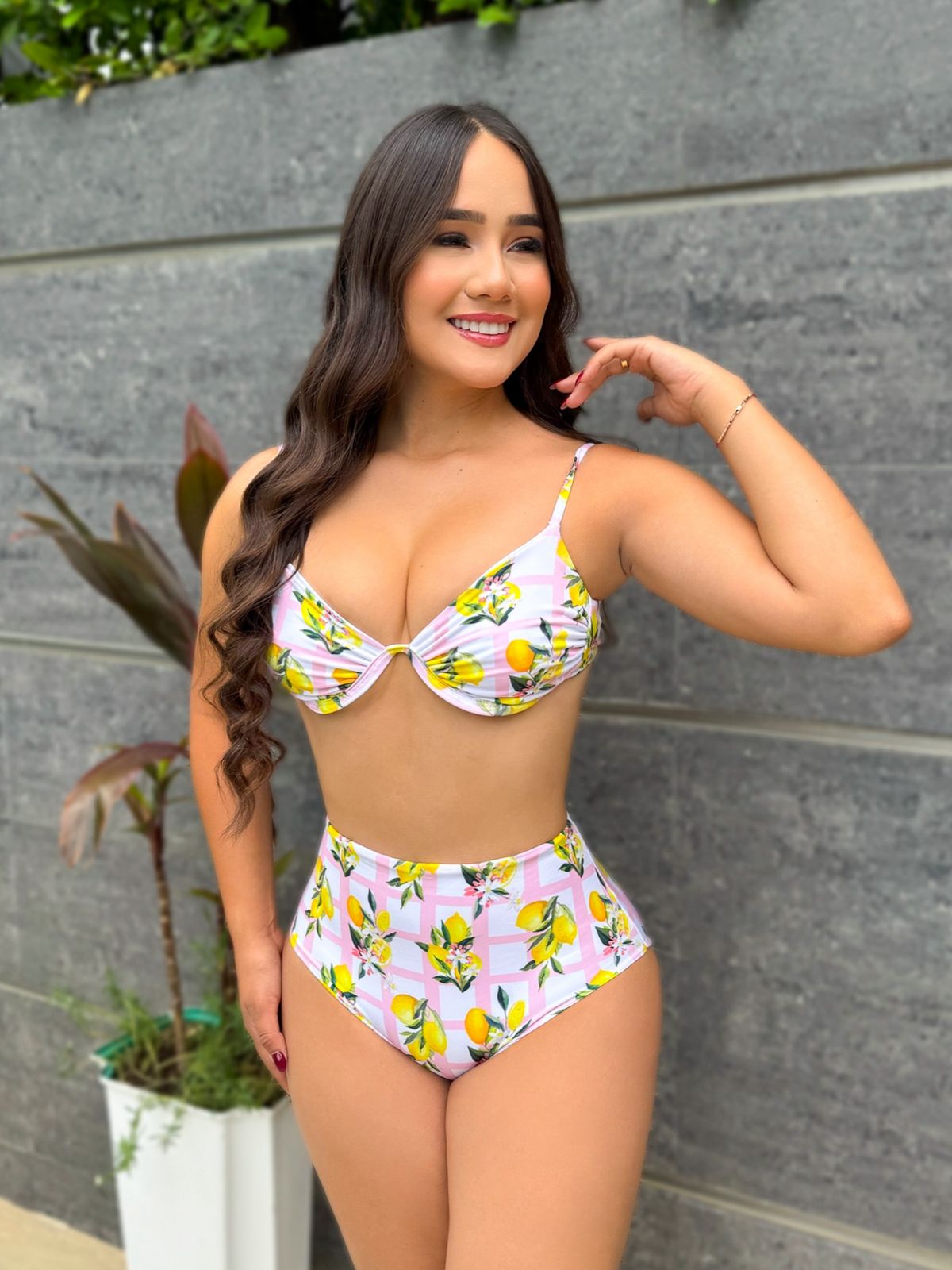 Traje De Baño Dos Piezas Prehormado Estampado Limones Cuadros